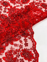 Metallic Floral Lace Design Embroidered Polyester Fabric - Floral Lace, 54" Width (1 Yard)