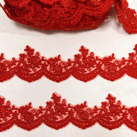 Beaded Corded Floral Lace Trim 4" Wide