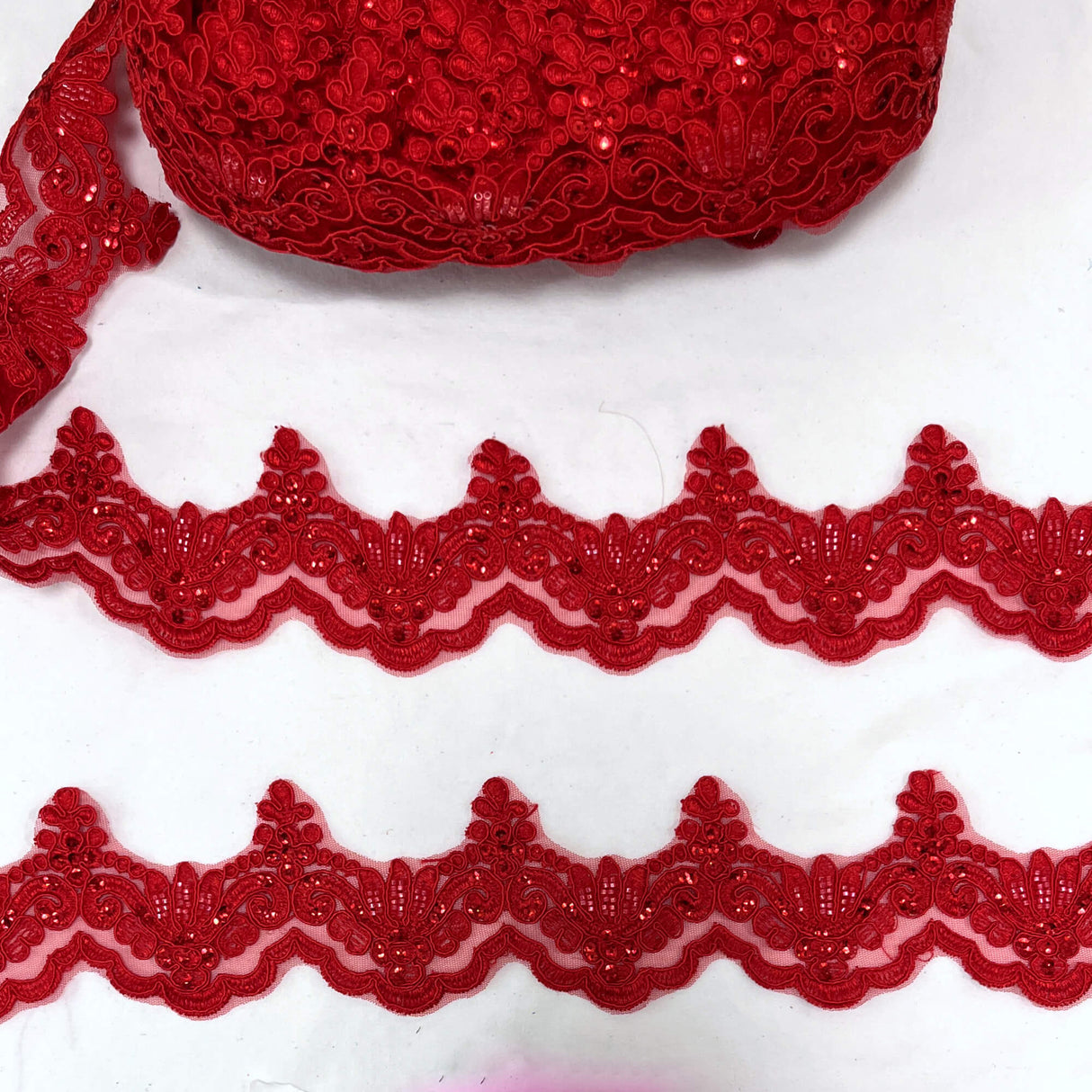 Beaded Corded Lace Trim on Net Mesh