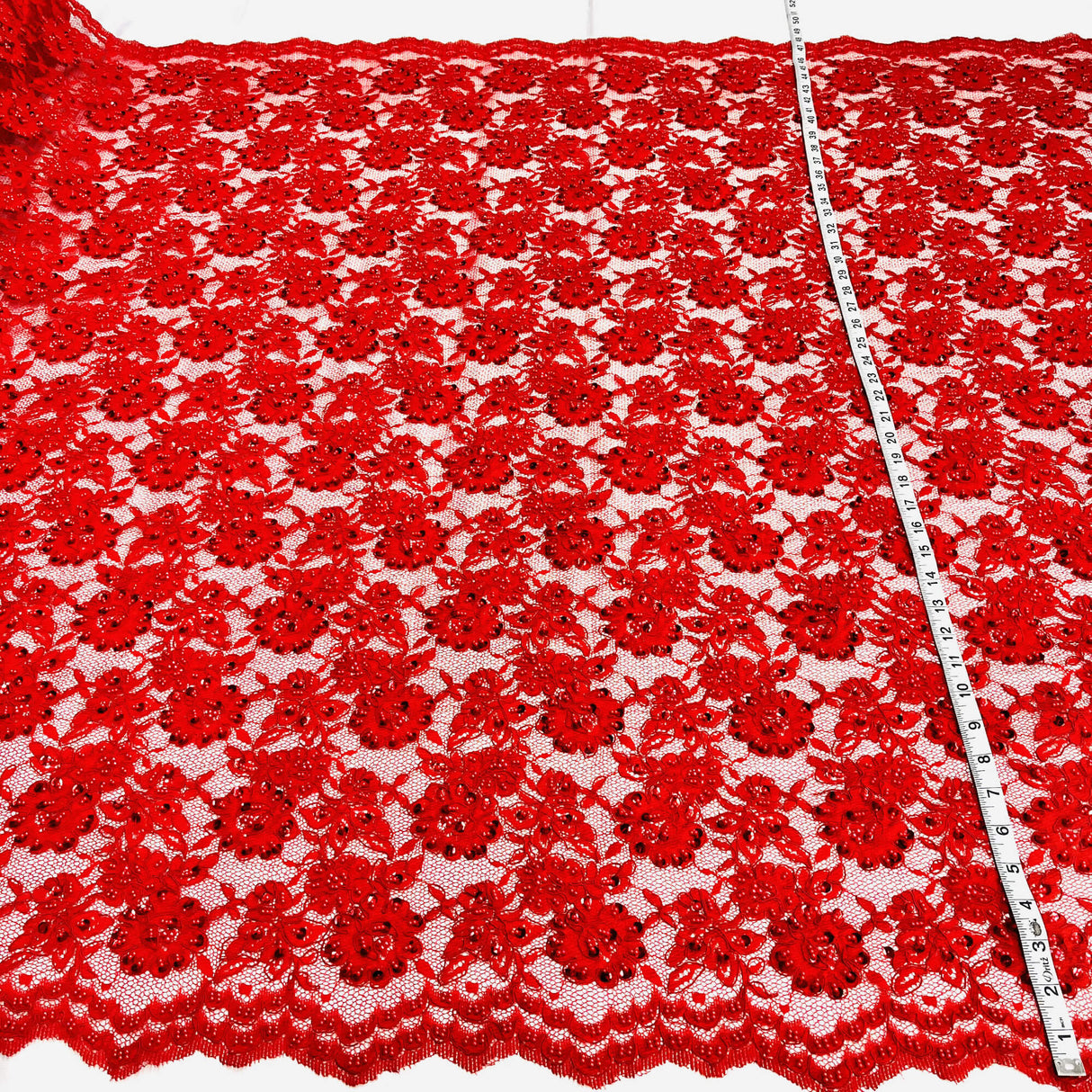 Beaded Corded Lace Fabric - Red Floral Embroidery, 49" Width (1 Yard)