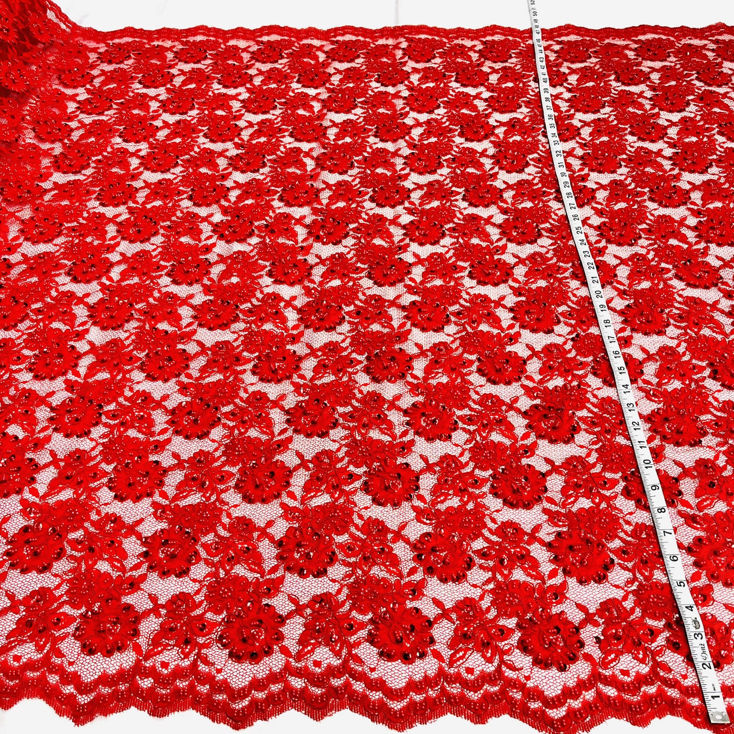 Beaded Corded Lace Fabric - Red Floral Embroidery, 49" Width (1 Yard)