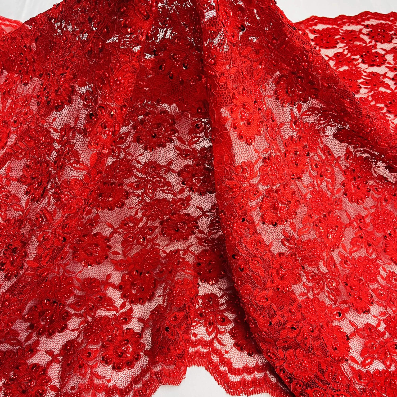 Beaded Corded Lace Fabric on Polyester Net Mesh