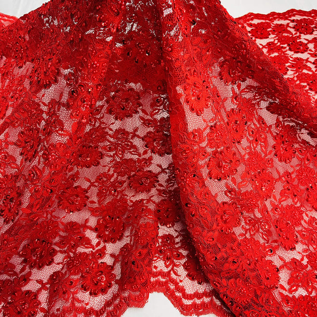 Beaded Corded Lace Fabric on Polyester Net Mesh