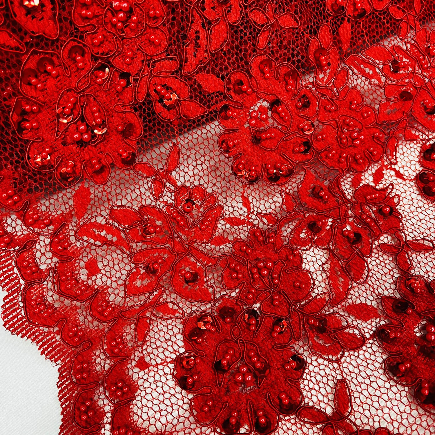 Beaded Corded Lace Fabric - Red Floral Embroidery, 49" Width (1 Yard)