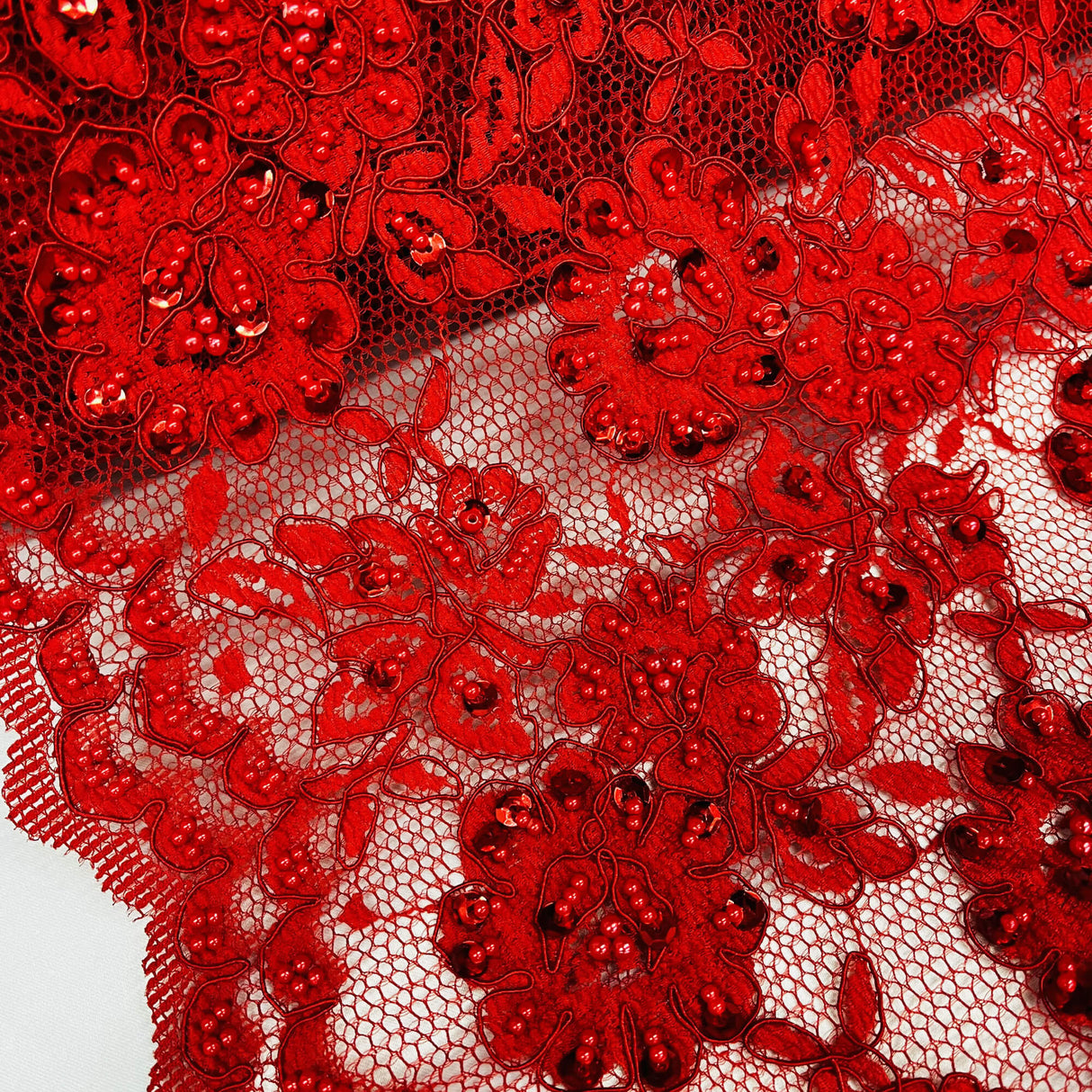 Beaded Corded Lace Fabric on Polyester Net Mesh