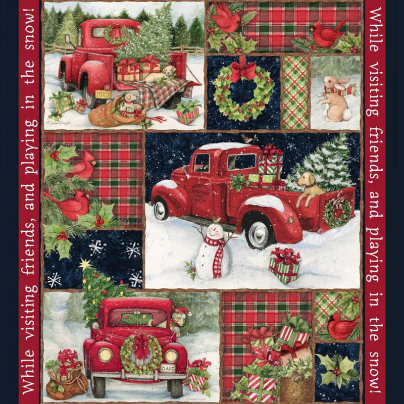 Fabric Panel Red Truck Collage Christmas Susan Winget Collection In Holiday