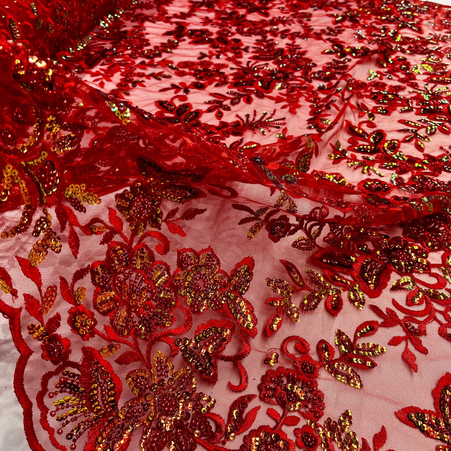 Beaded Sequined Floral Lace Fabric