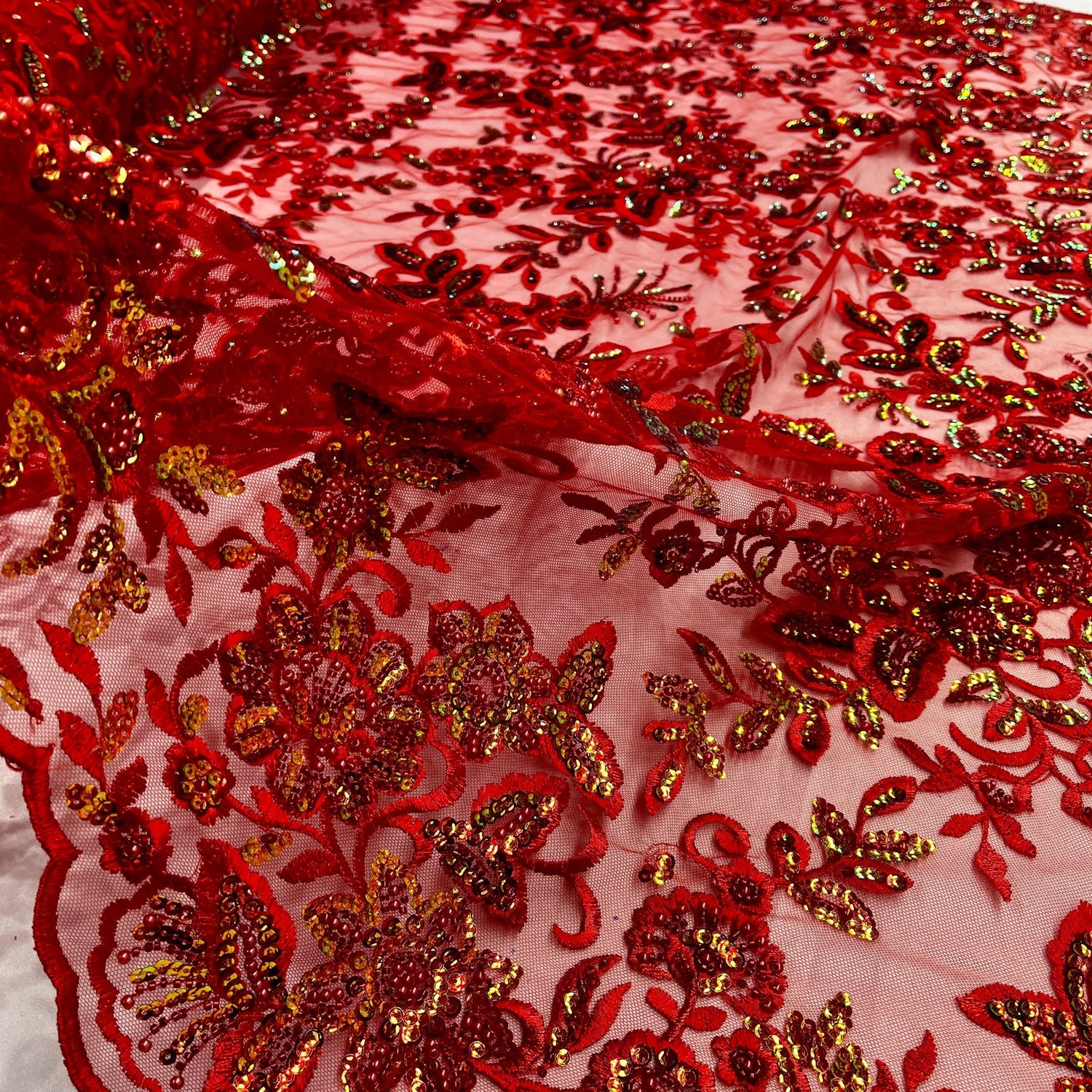Beaded Sequined Sparkling Floral Lace Fabric - Floral Scalloped Edges, 51" Width (1 Yard)