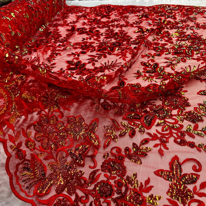 Beaded Sequined Sparkling Floral Lace Fabric - Floral Scalloped Edges, 51" Width (1 Yard)