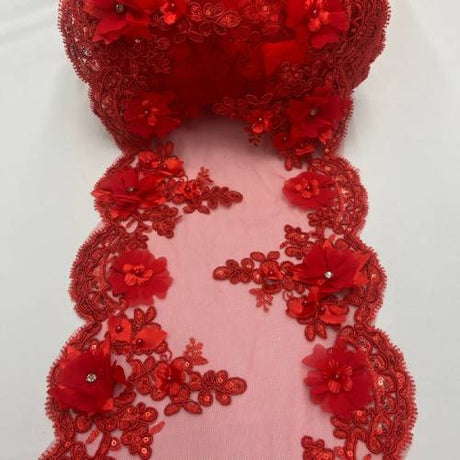 VT-34 Sequin 3D Lace Fabric - Embroideries On Mesh With Pearls And Beads, Baby Blue, 22.86Cm Width