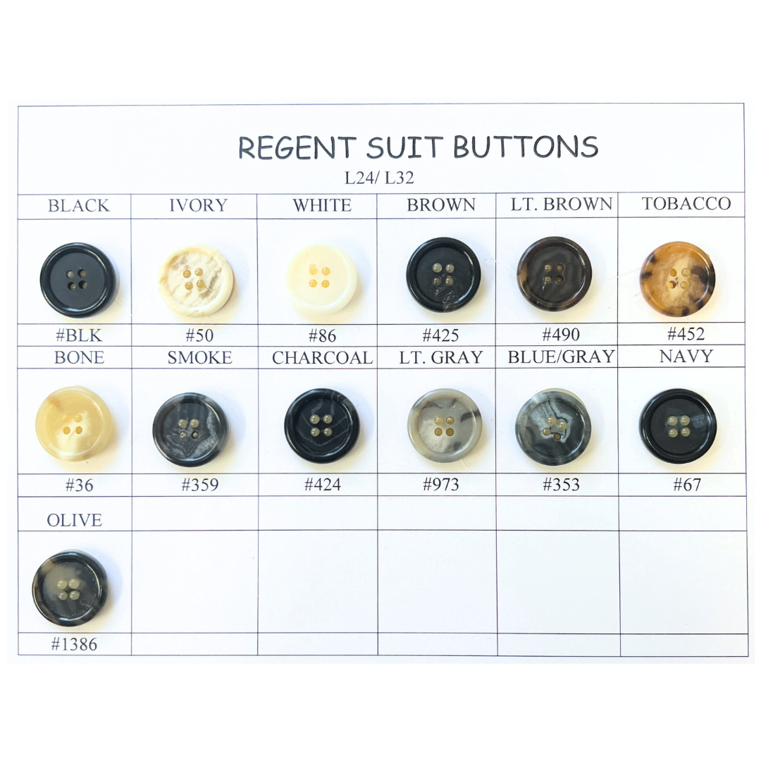 Regent Suit Buttons Fabric - Black, Blue/Gray, Bone, Brown, Charcoal, Ivory, Lt. Brown, Lt. Gray, Navy, Olive, Smoke, Tobacco, White, Ligne 24, Ligne 32