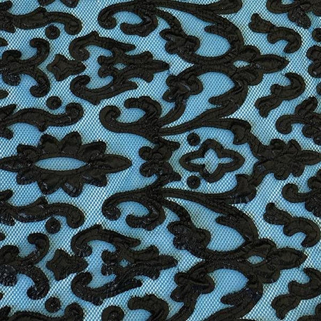 Renee Embroidered Mesh Polyester Spandex Fabric - Pink/Black, Ivory/White, Black/Black, Olive/Black, Arabian/Black, Orange/Black, Plum/Black, 54" Cut Width, 50" Usable Width (1 Yard)