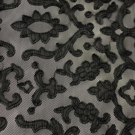 Renee Embroidered Mesh Polyester Spandex Fabric - Pink/Black, Ivory/White, Black/Black, Olive/Black, Arabian/Black, Orange/Black, Plum/Black, 54" Cut Width, 50" Usable Width (1 Yard)