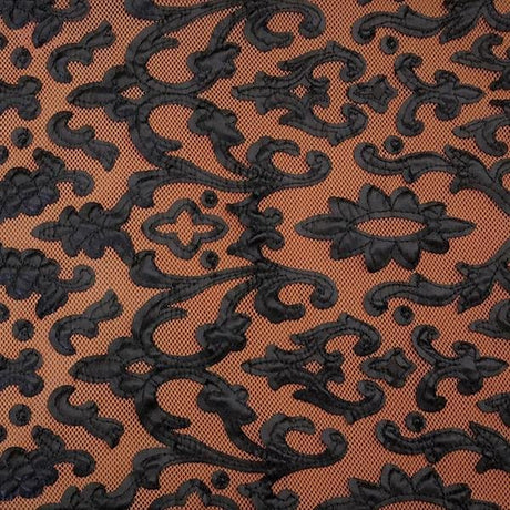 Renee Embroidered Mesh Polyester Spandex Fabric - Pink/Black, Ivory/White, Black/Black, Olive/Black, Arabian/Black, Orange/Black, Plum/Black, 54" Cut Width, 50" Usable Width (1 Yard)