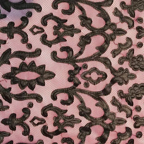 Renee Embroidered Mesh Polyester Spandex Fabric - Pink/Black, Ivory/White, Black/Black, Olive/Black, Arabian/Black, Orange/Black, Plum/Black, 54" Cut Width, 50" Usable Width (1 Yard)