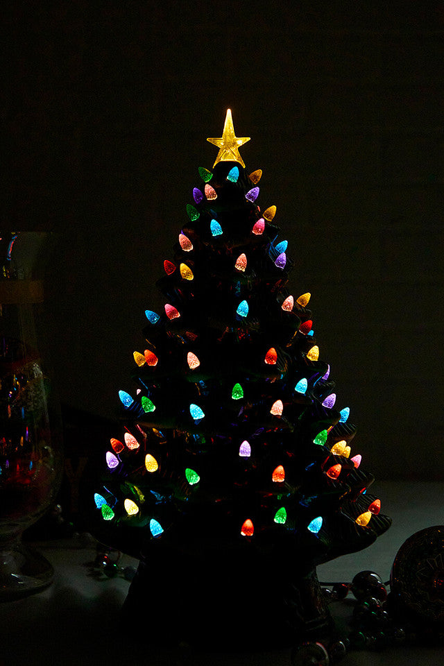 18 Inch Nostalgic Ceramic Christmas Tree Green LED Vintage Holiday Tabletop Décor