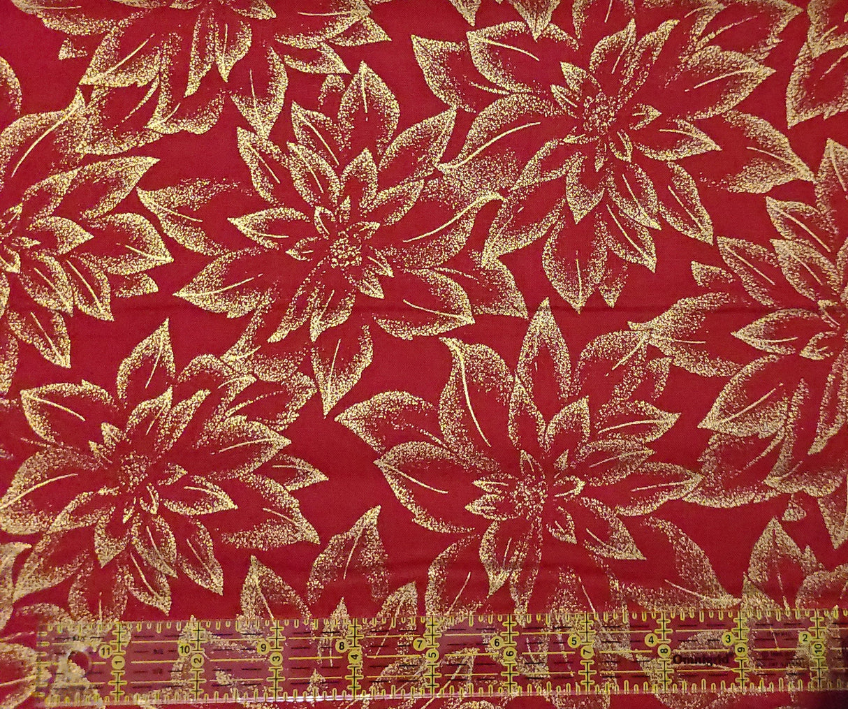 Quilting Cotton Holiday Flourish Packed Poinsettia Blooms Metallic Gold Robert Kaufman