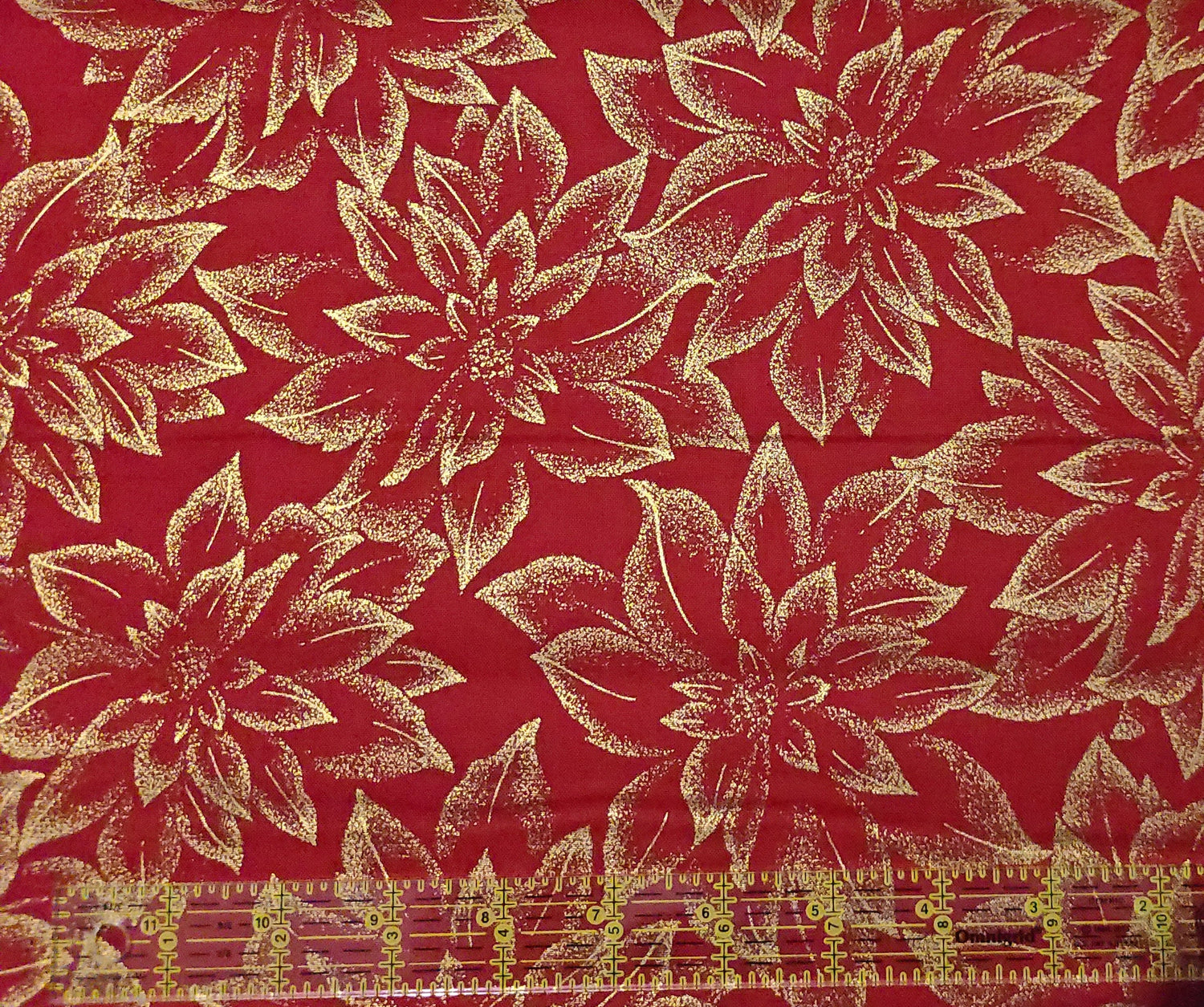Quilting Cotton Holiday Flourish Packed Poinsettia Blooms Metallic Gold Robert Kaufman