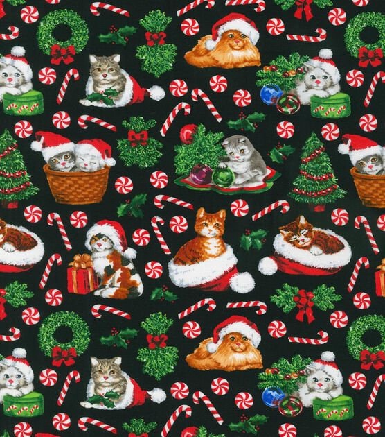 Quilting Cotton Happy Kittens On Black Christmas Robert Kaufman