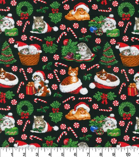 Quilting Cotton Happy Kittens On Black Christmas Robert Kaufman