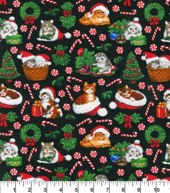 Quilting Cotton Happy Kittens On Black Christmas Robert Kaufman