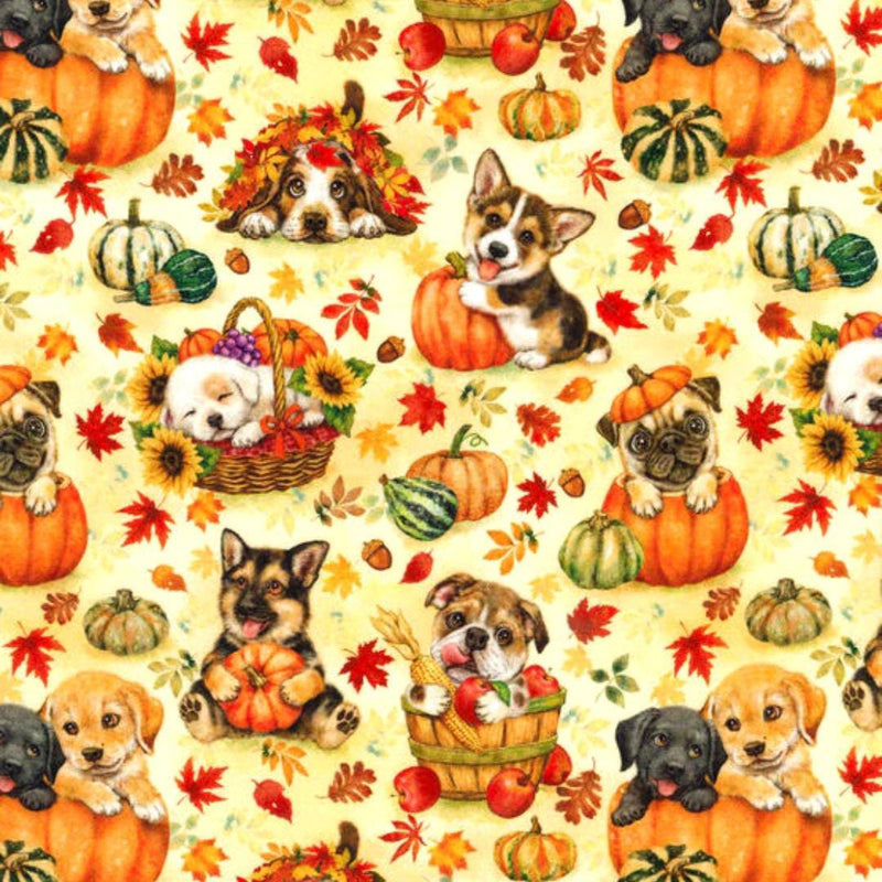 Quilting Cotton Harvest Pups on Yellow Robert Kaufman