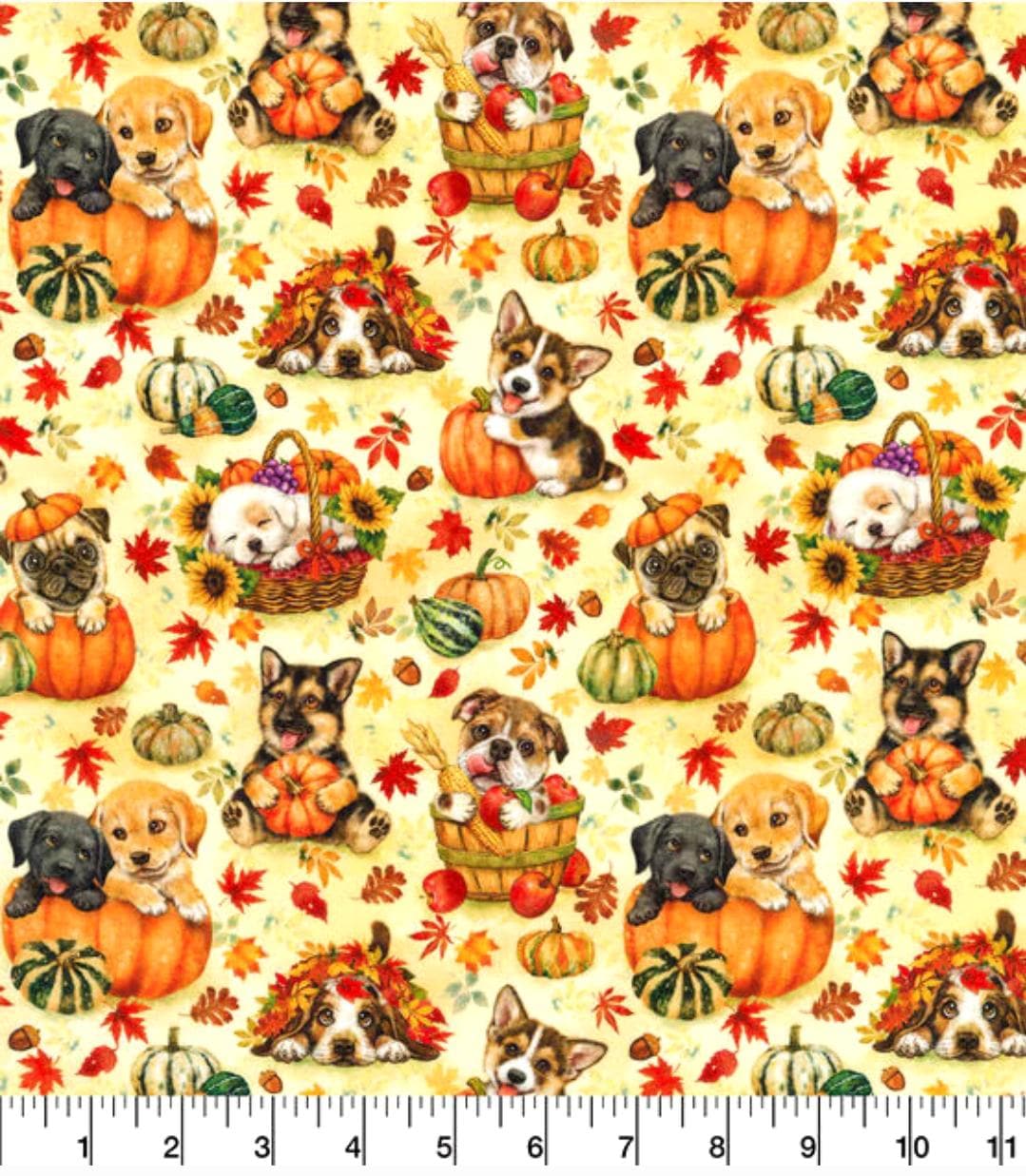 Quilting Cotton Harvest Pups on Yellow Robert Kaufman