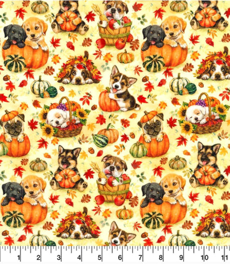 Quilting Cotton Harvest Pups on Yellow Robert Kaufman