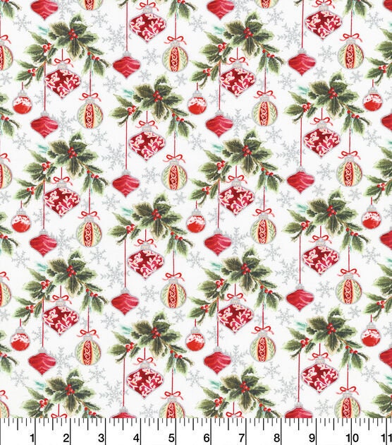 Quilting Cotton Metallic Gray & Red Ornaments Christmas Robert Kaufman