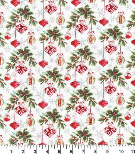 Quilting Cotton Metallic Gray & Red Ornaments Christmas Robert Kaufman