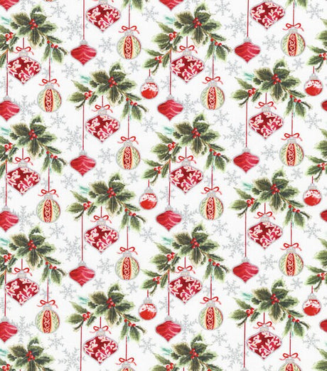 Quilting Cotton Metallic Gray & Red Ornaments Christmas Robert Kaufman