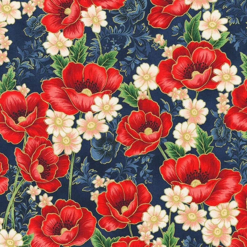 Quilting Cotton Poppy Hill Studio Poppies Bouquet Gold Metallic Robert Kaufman