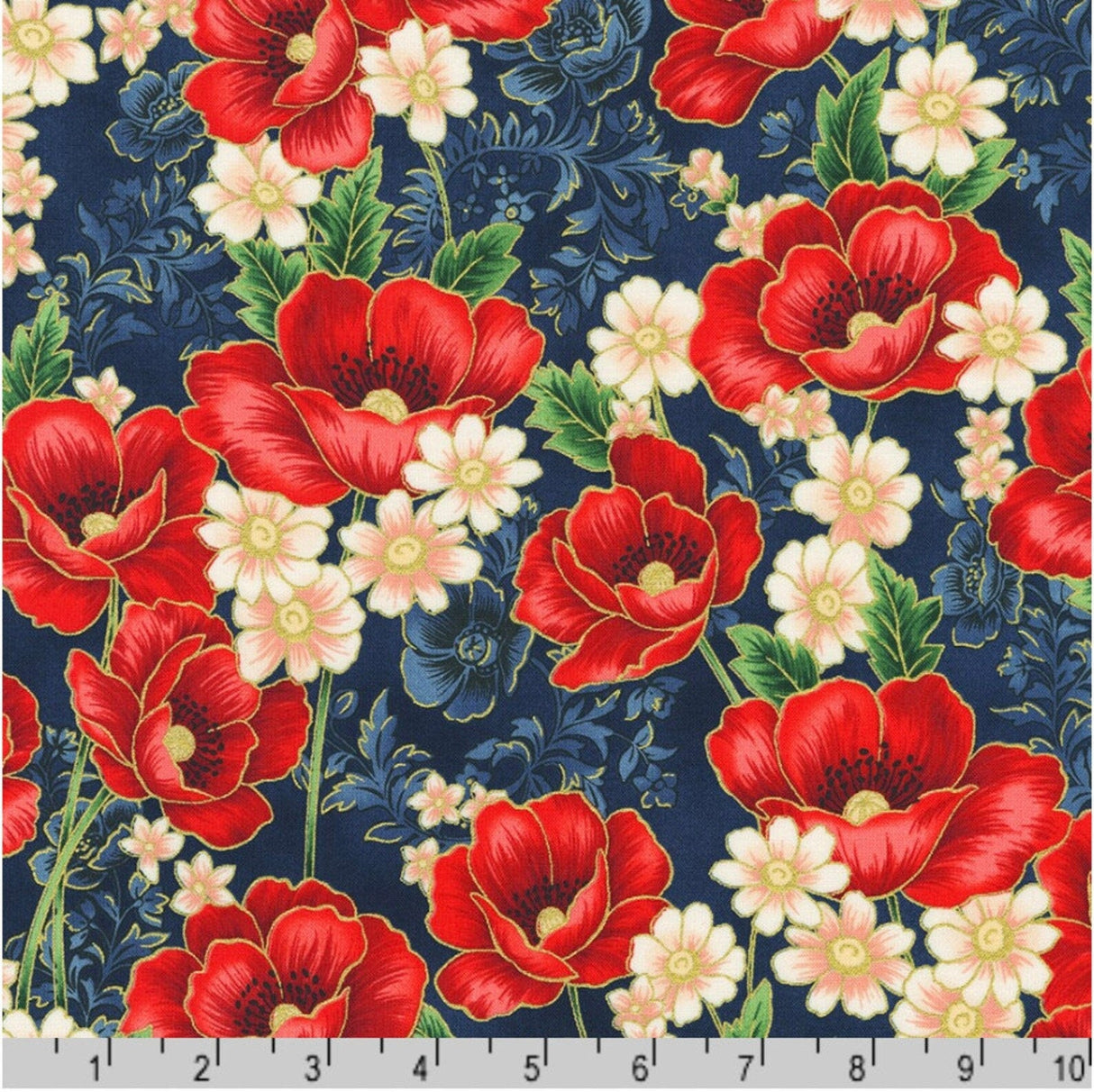 Quilting Cotton Poppy Hill Studio Poppies Bouquet Gold Metallic Robert Kaufman