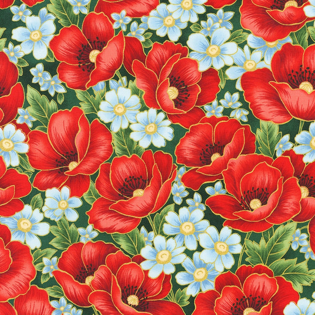 Quilting Cotton Poppy Hill Studio Poppies Bouquet Gold Metallic Robert Kaufman