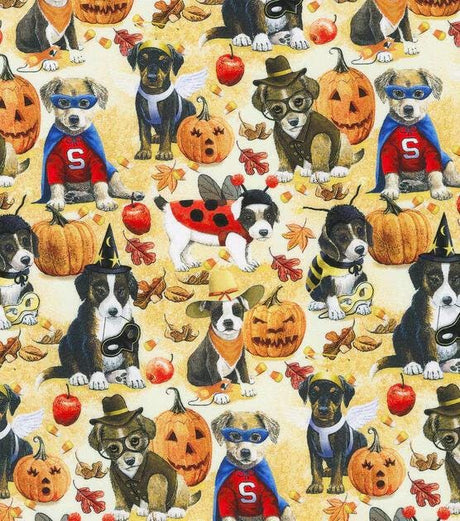Quilting Cotton Puppy Masquerade on Cream Halloween Robert Kaufman