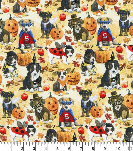 Quilting Cotton Puppy Masquerade on Cream Halloween Robert Kaufman