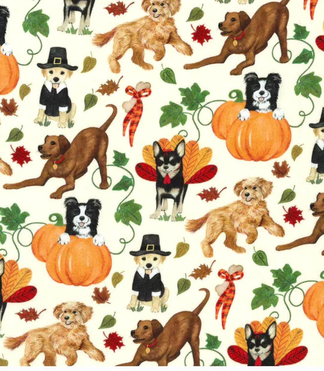 Quilting Cotton Playful Pups on Cream Thanksgiving Robert Kaufman