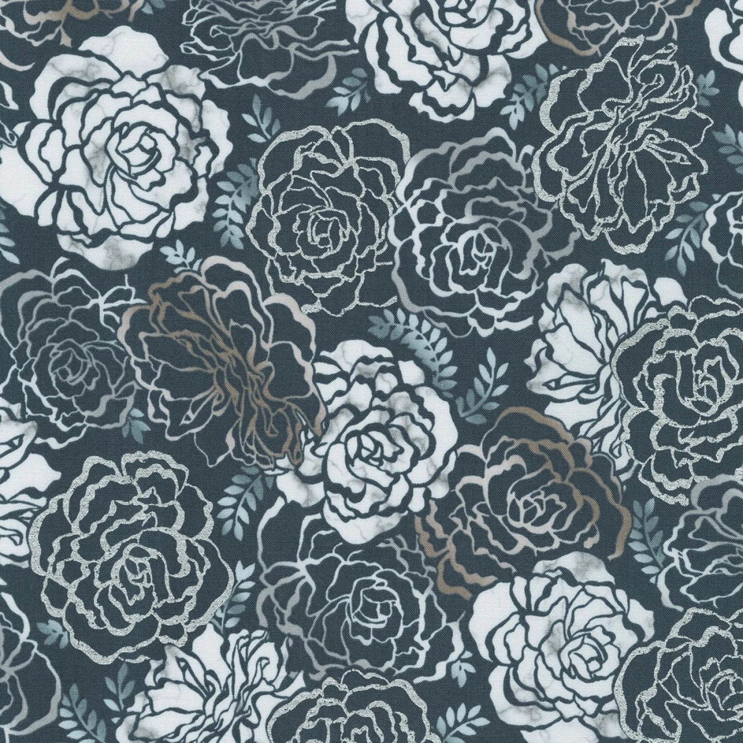 Quilting Cotton Silverstone Metallic Steel Floral Robert Kaufman