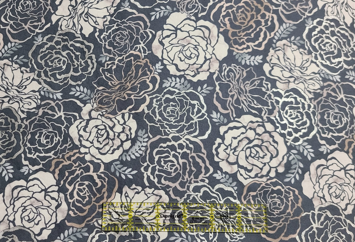 Quilting Cotton Silverstone Metallic Steel Floral Robert Kaufman