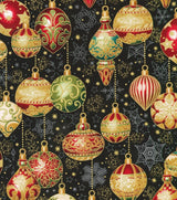 Quilting Cotton Decorative Ornaments on Black Metallic Christmas Robert Kaufman