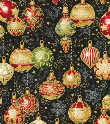 Quilting Cotton Decorative Ornaments on Black Metallic Christmas Robert Kaufman