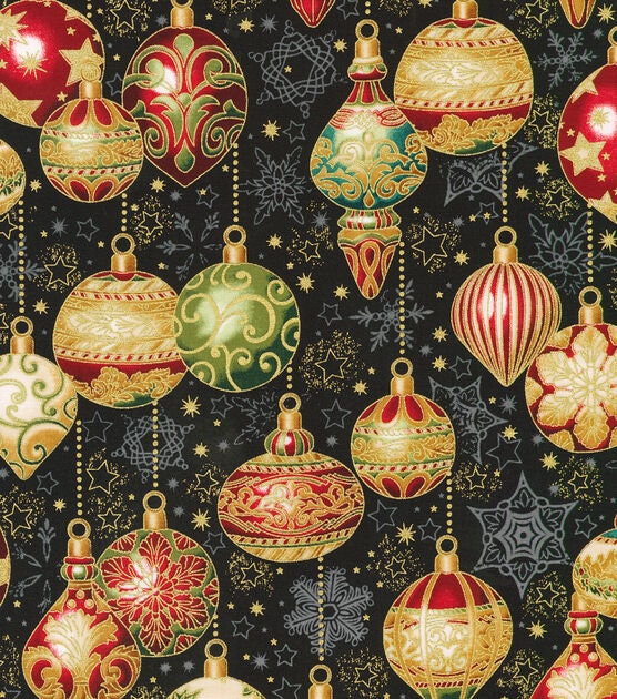 Quilting Cotton Decorative Ornaments on Black Metallic Christmas Robert Kaufman