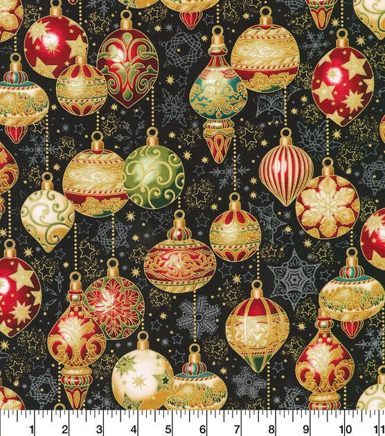Quilting Cotton Decorative Ornaments on Black Metallic Christmas Robert Kaufman