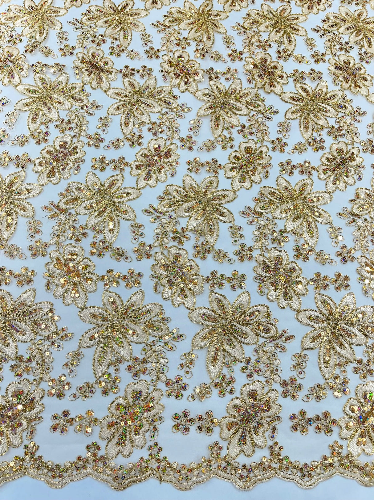 Metallic Floral Lace Design Embroidered Polyester Fabric - Floral Lace, 54" Width (1 Yard)