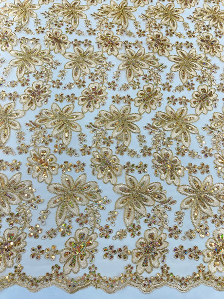 Metallic Floral Lace Design Embroidered Polyester Fabric - Floral Lace, 54" Width (1 Yard)