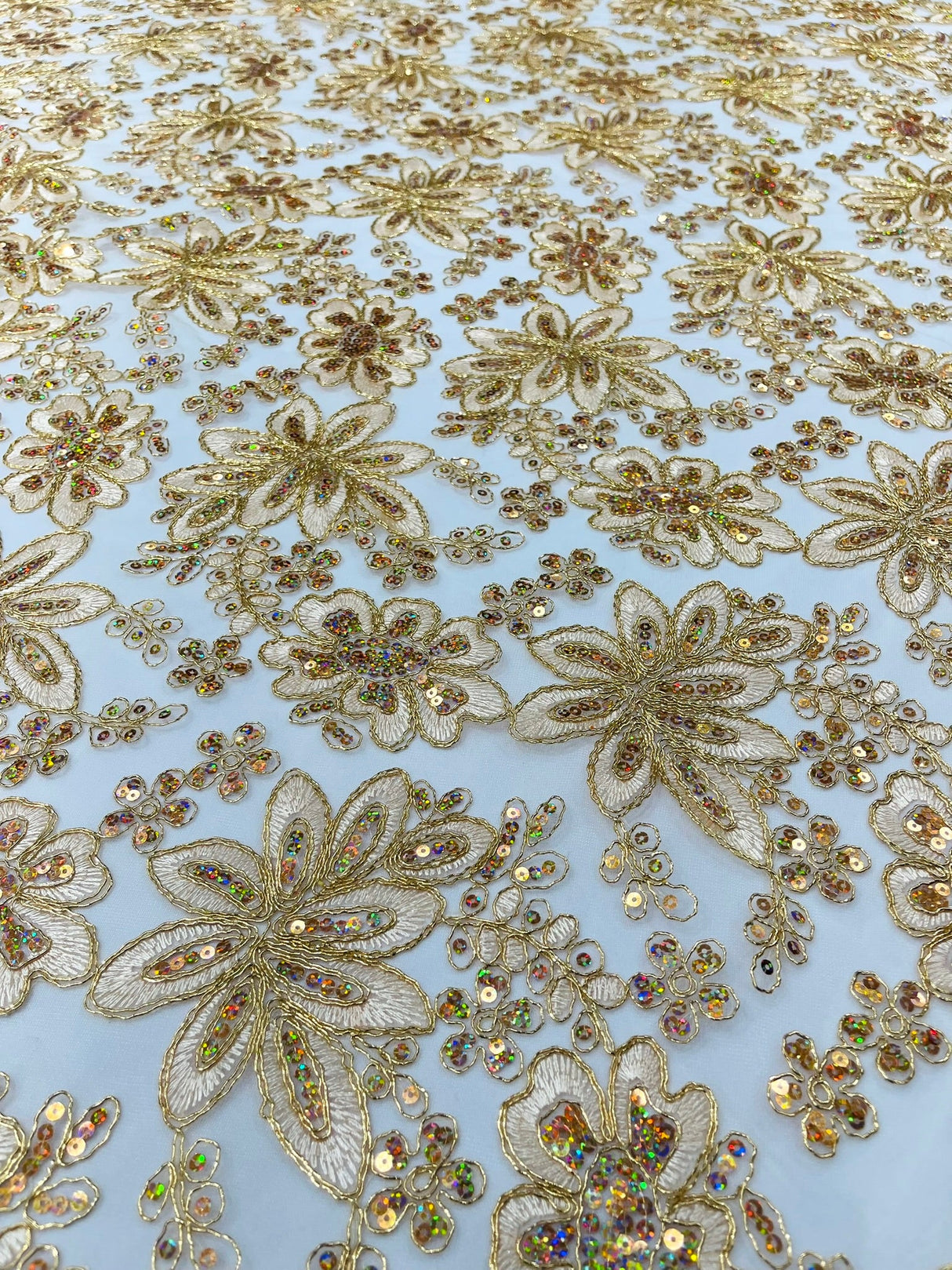 Metallic Floral Lace Design Embroidered Polyester Fabric - Floral Lace, 54" Width (1 Yard)