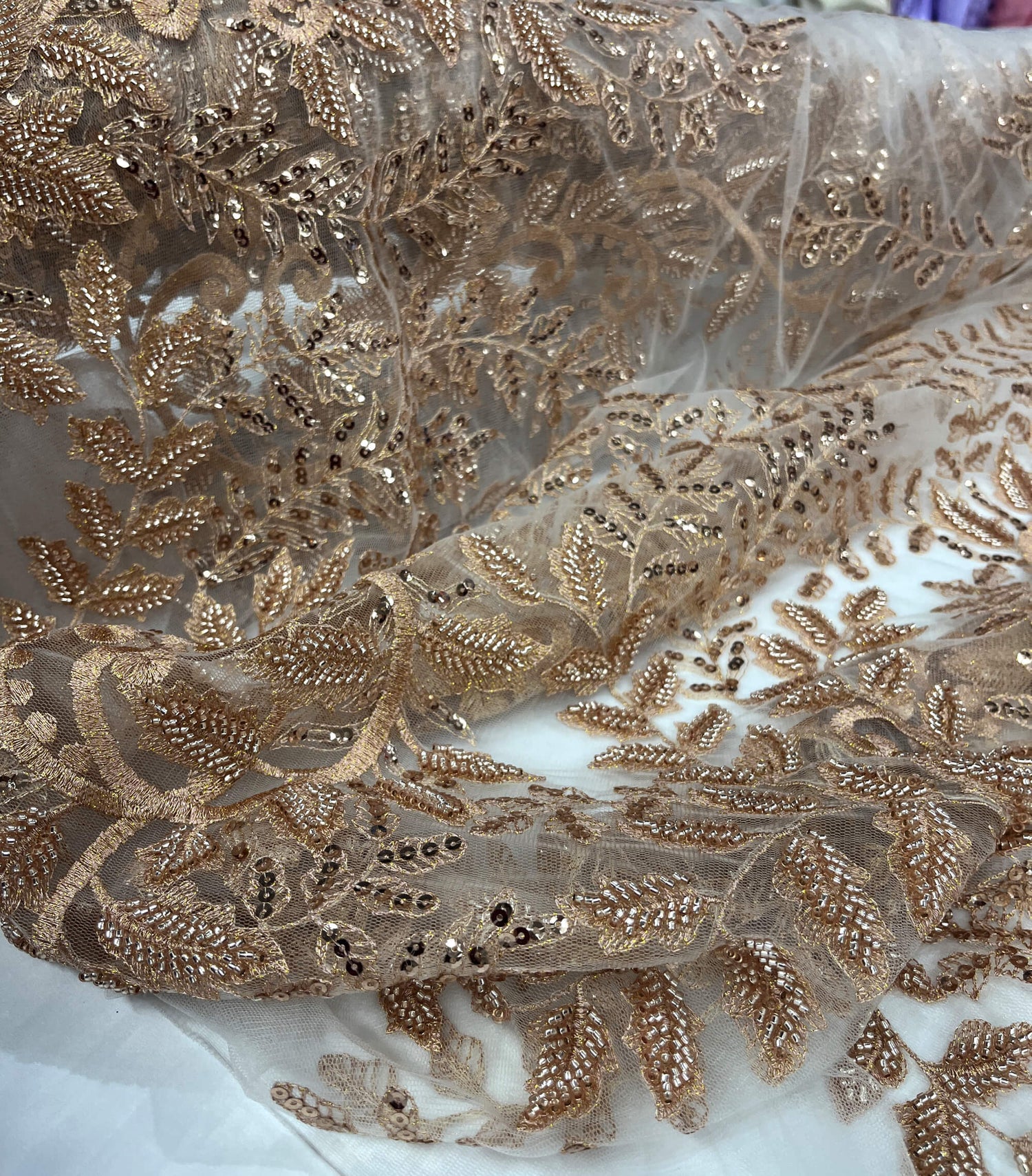 Beaded Sequined Lace Fabric on Polyester Net Mesh