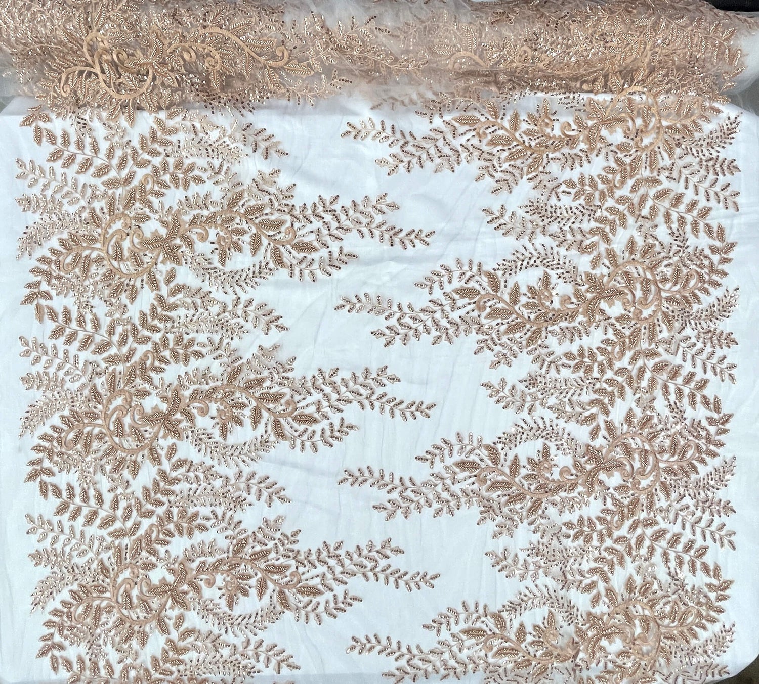 Beaded Sequined Lace Fabric - Embroidered 100 Percent Polyester Net Mesh, Silver, Gold, Ivory, White, Rose Gold, 52" Width (1 Yard)