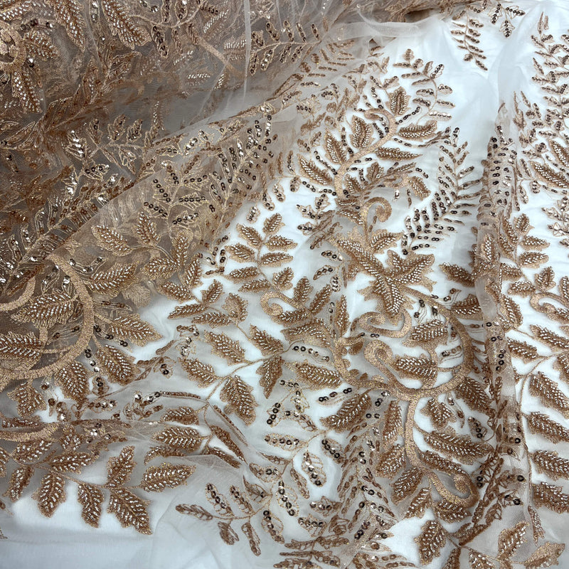 Beaded Sequined Lace Fabric - Embroidered 100 Percent Polyester Net Mesh, Silver, Gold, Ivory, White, Rose Gold, 52" Width (1 Yard)
