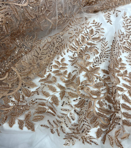 Beaded Sequined Lace Fabric on Polyester Net Mesh